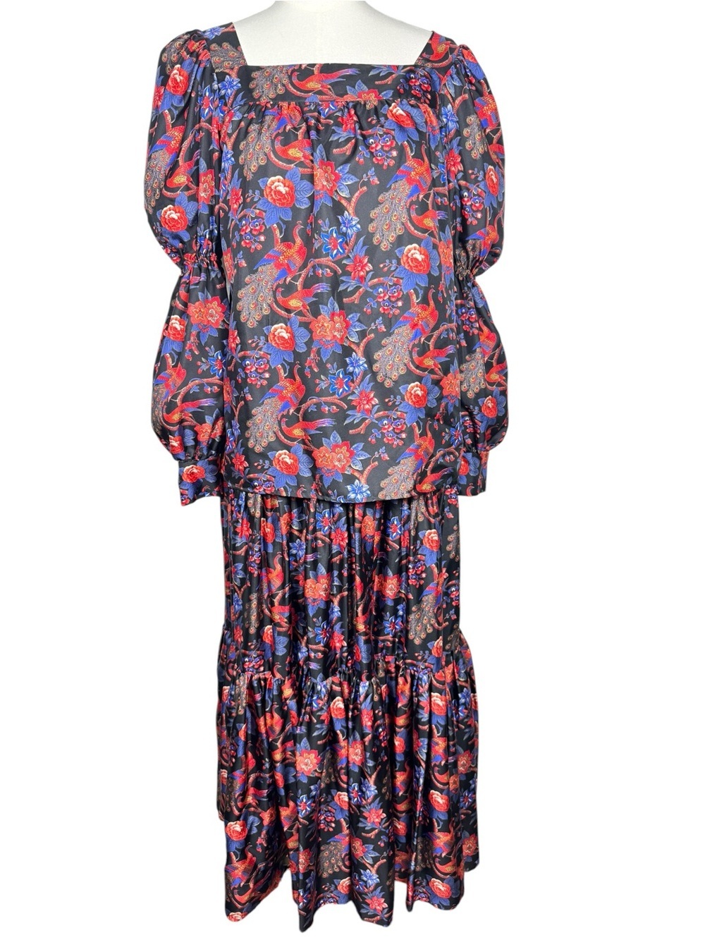 La DoubleJ x Mantero Archival Pavone Peacock Silk Blouse/Maxi Skirt 2 Piece Set